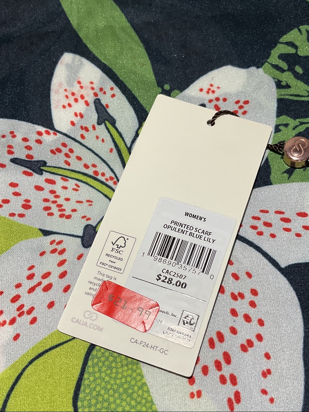 CALIA by Carrie Underwood Navy Floral Print Scarf with White & Green Accents - Picture 2 of 4